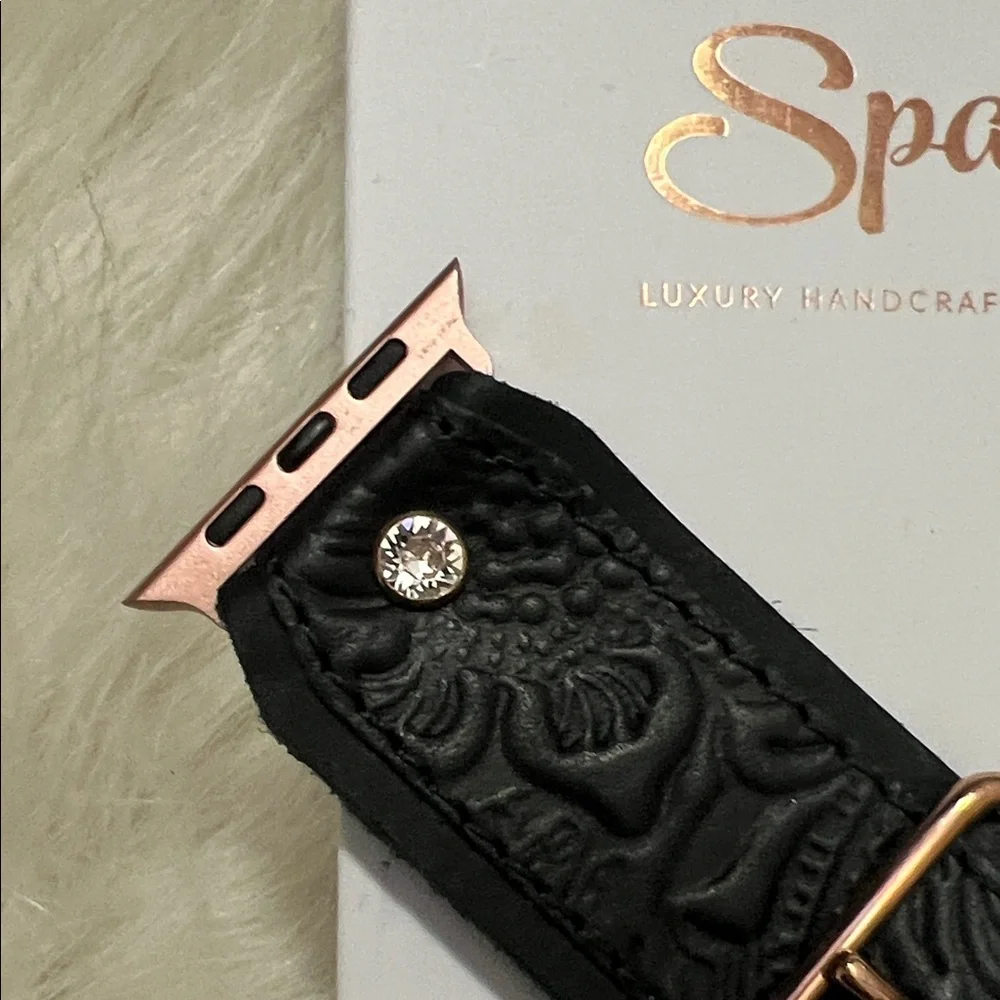 Spark*l Black Leather Apple Watch Band with Rose Gold Hardware- Size 2, Large 🍎 - Picture 3 of 4